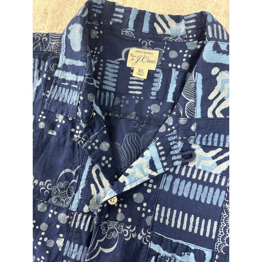 J.Crew Blue Indigo-dyed Indian Madras Patchwork Camp Loop Collar Shirt Men's XL - Picture 3 of 11